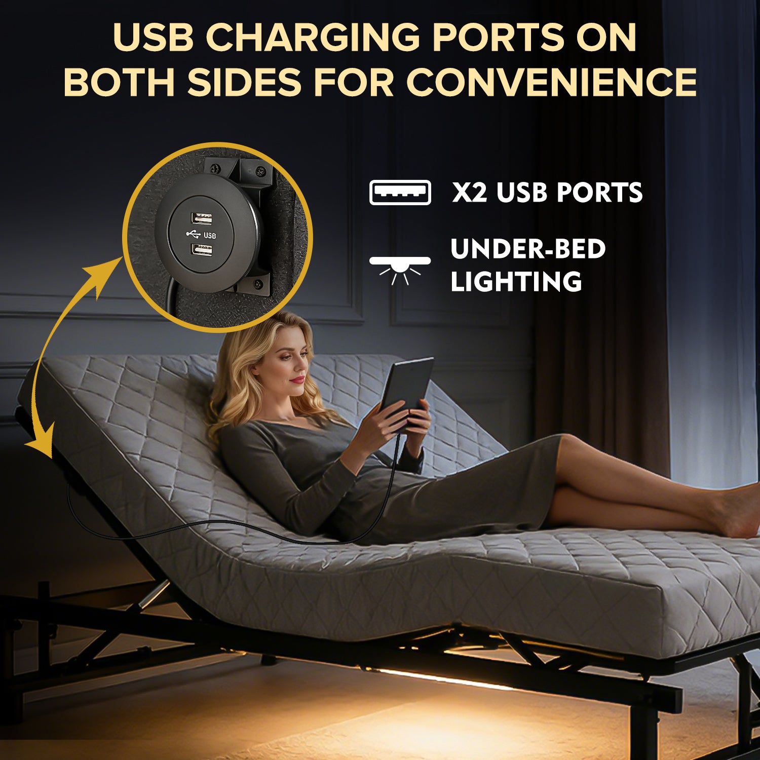 Adjustable Bed Base Frame Queen Bed Frame with Head and Foot Incline Wireless Remote 4 Ports USB, Under-Bed Nightlights, Zero Gravity Quiet Motor Black Queen image 3