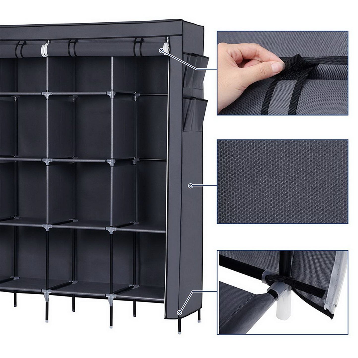 Gray non-woven fabric wardrobe closet with steel frame - open view