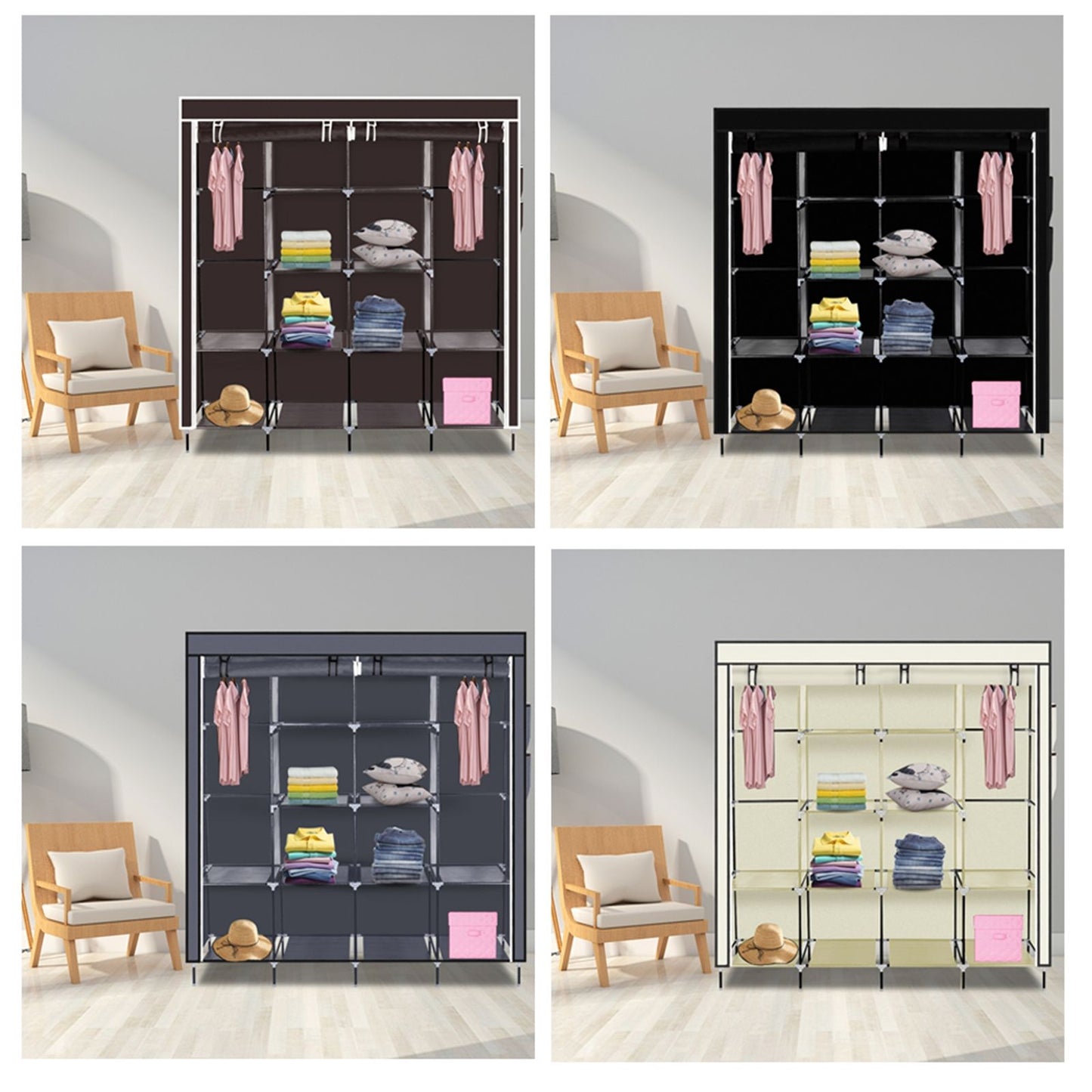 67" Clothes Closet Portable Wardrobe Clothes Storage Rack 12 Shelves 4 Side Pockets Gray image 15