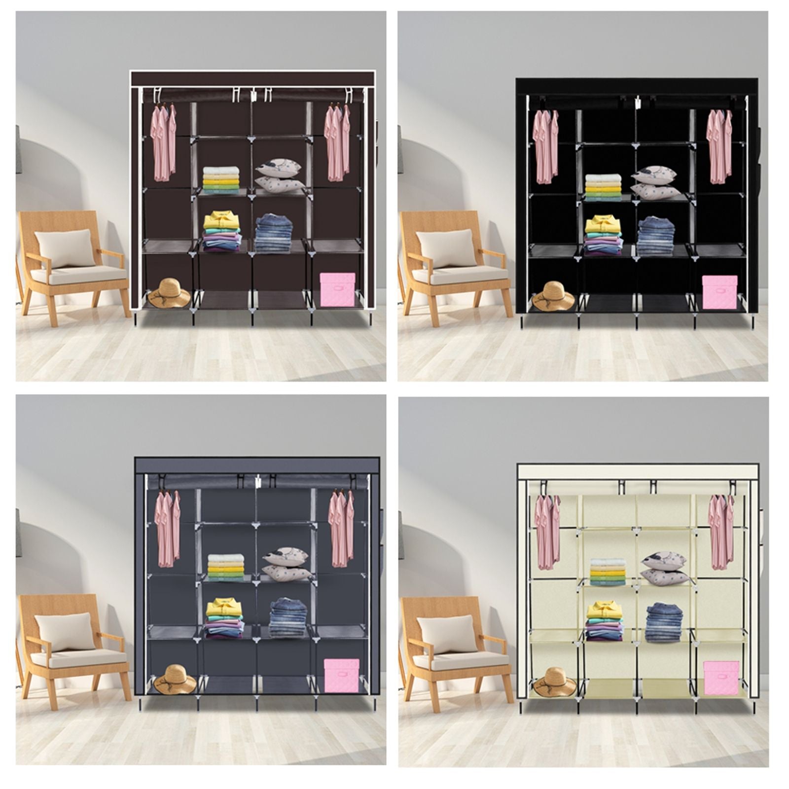 67" Clothes Closet Portable Wardrobe Clothes Storage Rack 12 Shelves 4 Side Pockets Gray image 15