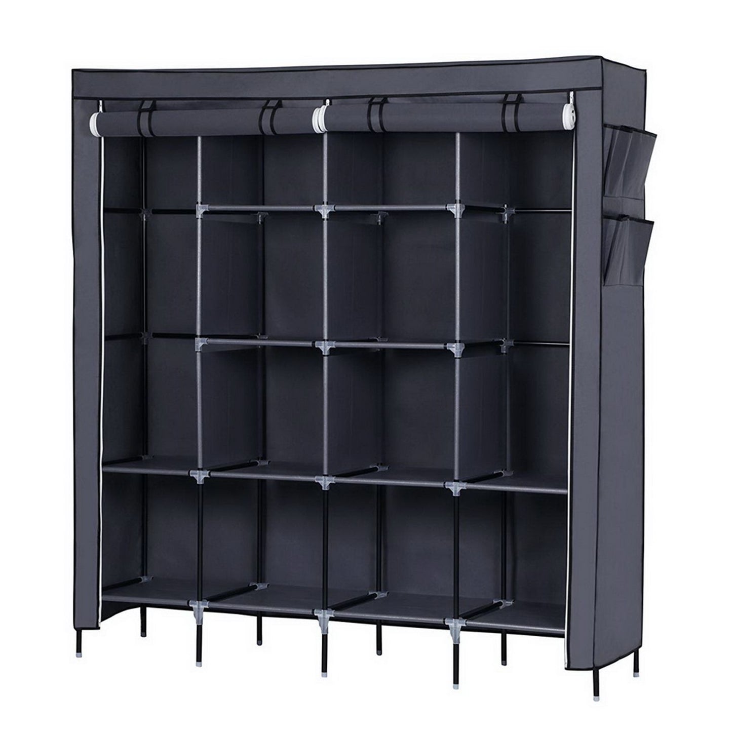 67 inch portable wardrobe closet with 12 shelves and 4 side pockets in gray - front view