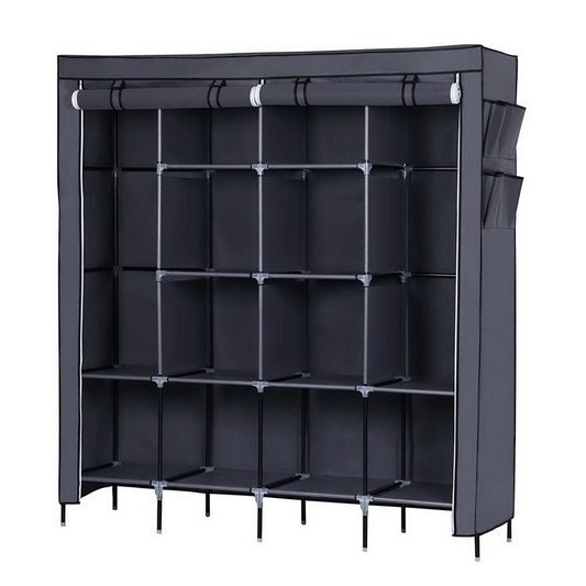 67 inch portable wardrobe closet with 12 shelves and 4 side pockets in gray - front view