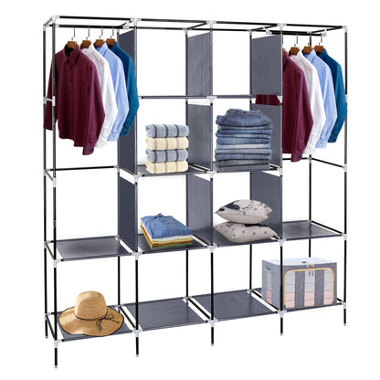 67" Clothes Closet Portable Wardrobe Clothes Storage Rack 12 Shelves 4 Side Pockets Gray image 13