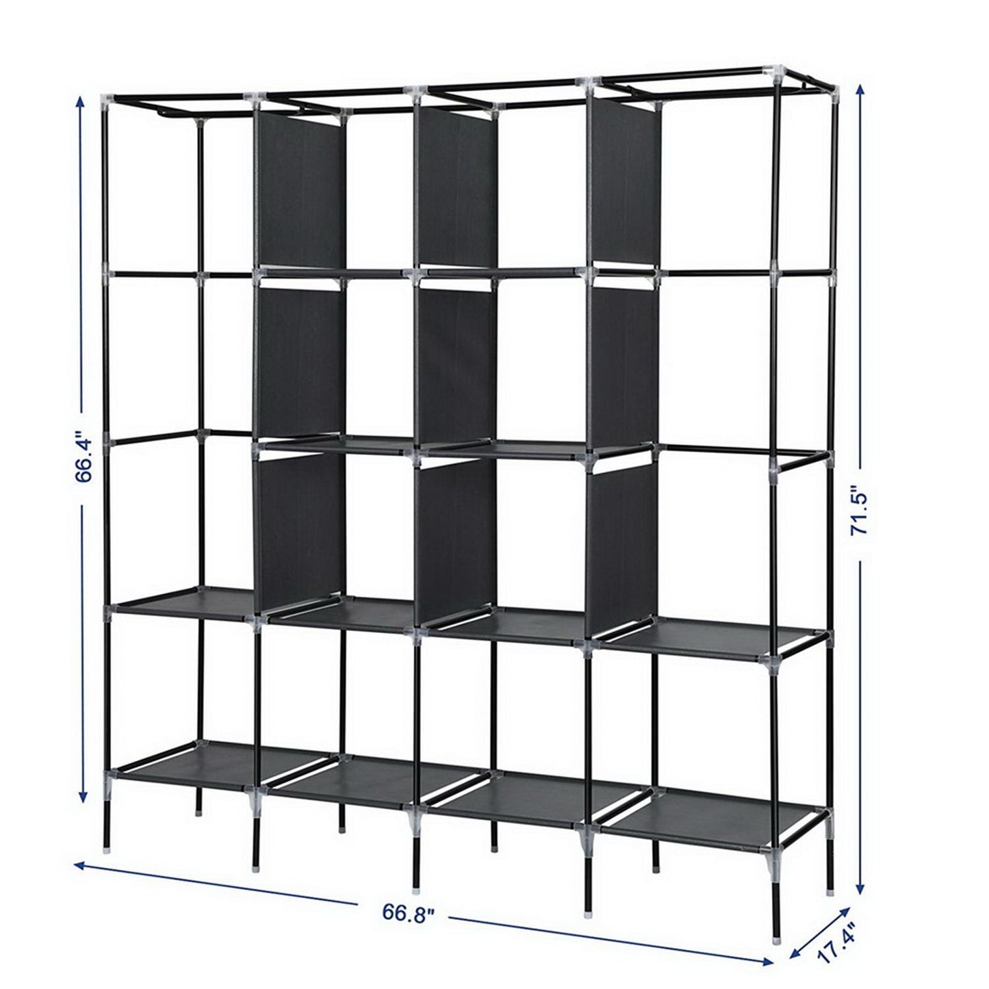 Portable clothes storage rack with shelves and side pockets - angled view