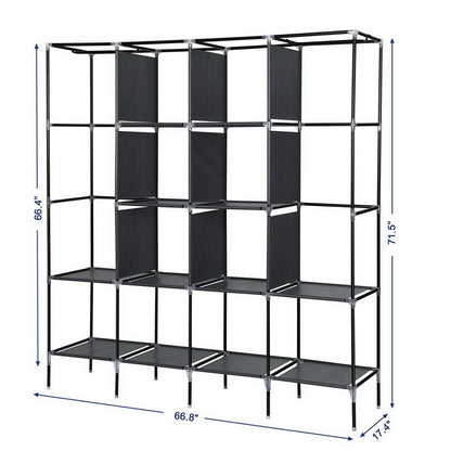 Portable clothes storage rack with shelves and side pockets - angled view