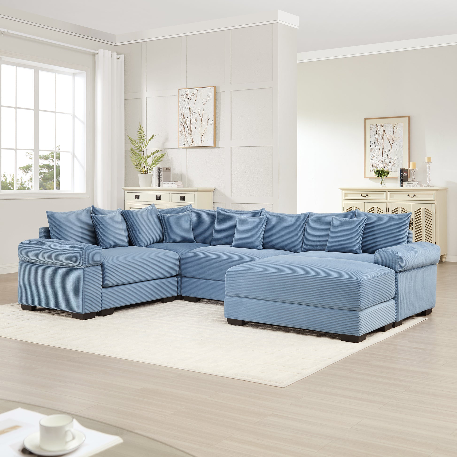 Oversized Cloud Modular Sectional Couch, Convertible Sectional Couches,Extra-Thick Armrests With An Ottoman,Premium Corduroy Fabric,Ergonomic Design, Easy Assembly,For Living Rooms bedroom,Blue image 2