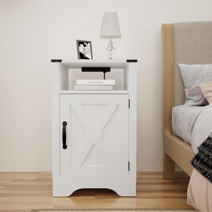 Farmhouse Nightstand with Charging Station Wooden Rustic End Table for Bedroom, Living Room, 16" D x 16" W x 25" H(Set of 1), White image 1