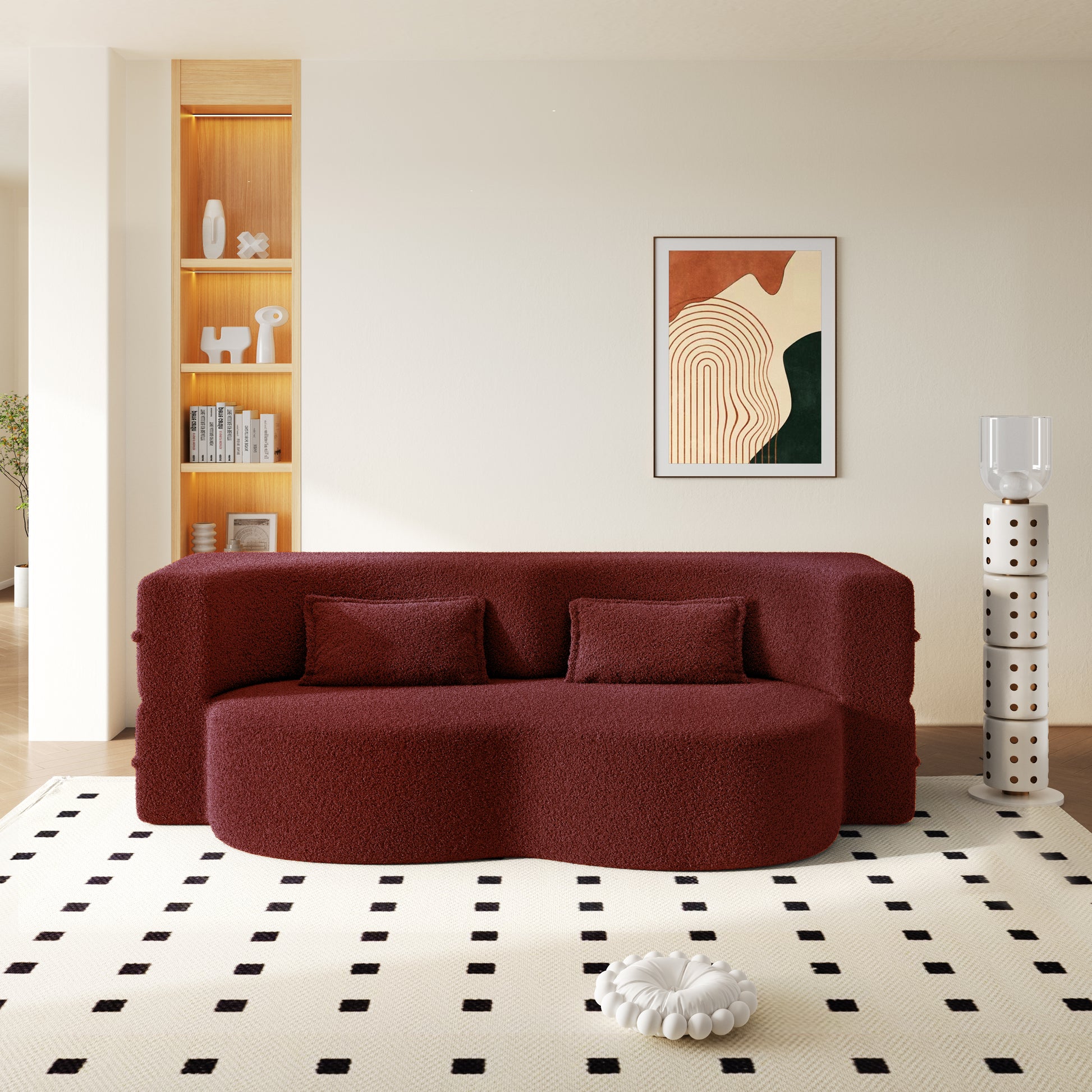 Modern Floor Sofa with 2 Pillows,Convertible Sherpa Fleece Fabric Foam-Filled Sleeper Sofa Bed,15" Twin Size Folding Mattress for Living Room,Guest Bed,Playroom,no assembly required,Burgundy image 3