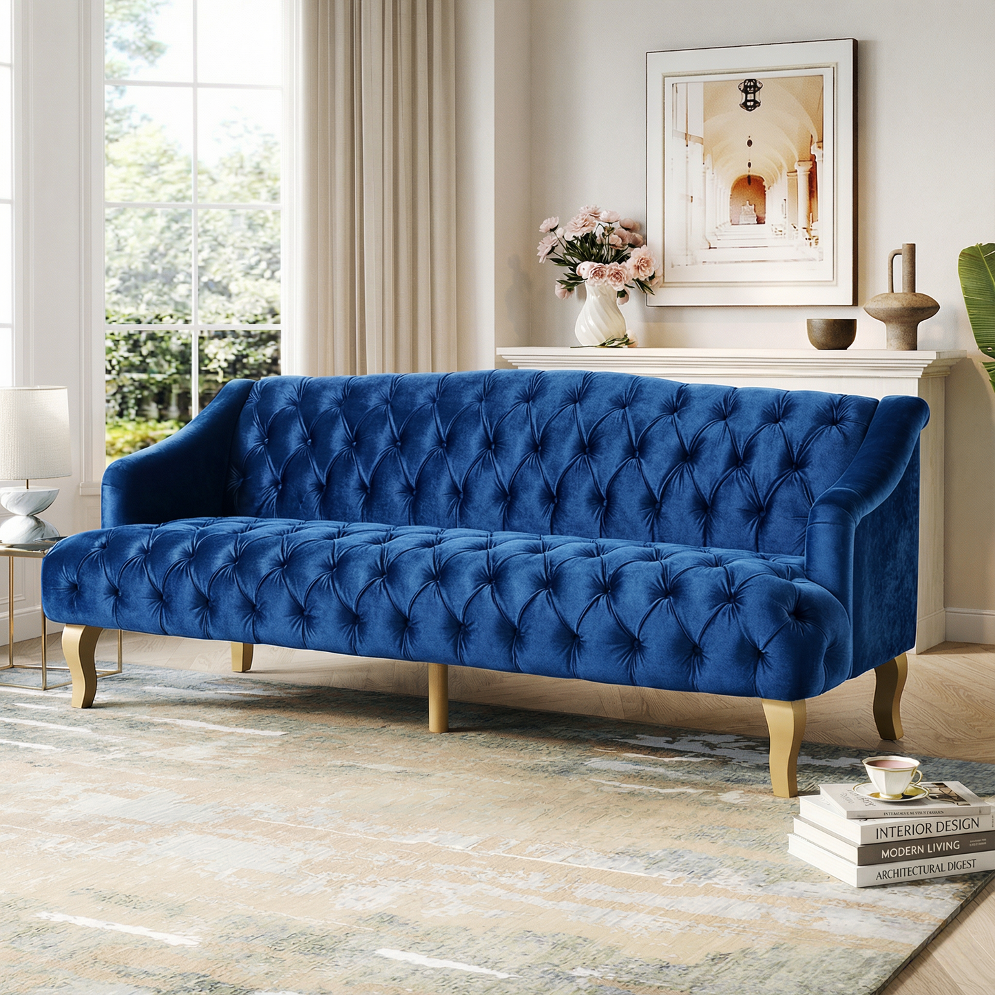 Comfy 3-Seat Sofa with Curved Wooden Legs, Perfect for Living Room and Study image 1