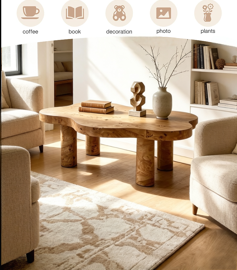 40'' Burl Cloud Coffee Table with 4 Round Legs, Low Profile Modern Coffee Table, Unique Irregular Center Table for Living Room, Apartment, Natural Color image 5