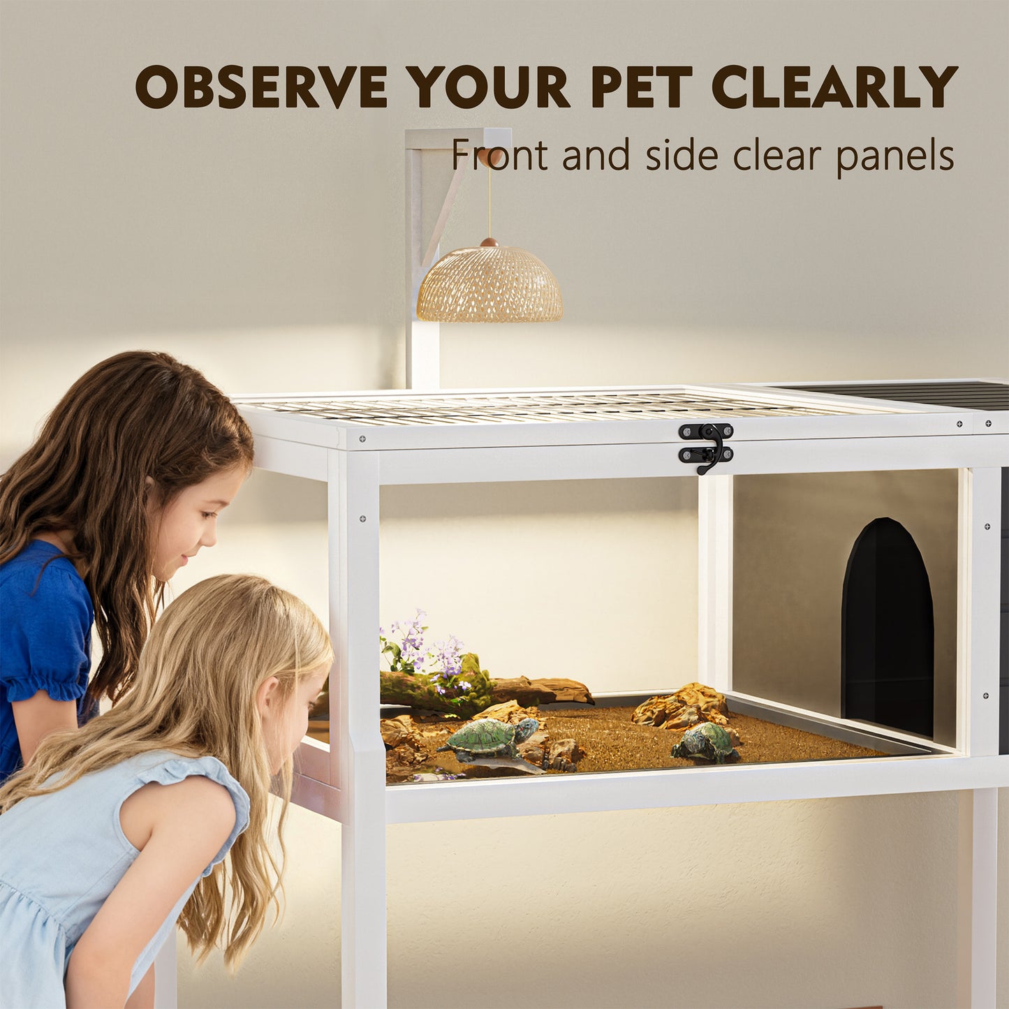 Reptile Habitat Tortoise House with Lamp Holder, Large Observation Window, Waterproof Tray, Detachable Legs, Easy to Clean Wooden Enclosure for Turtles, Lizards, Geckos, and Small Pets Indoor Outdoor image 7