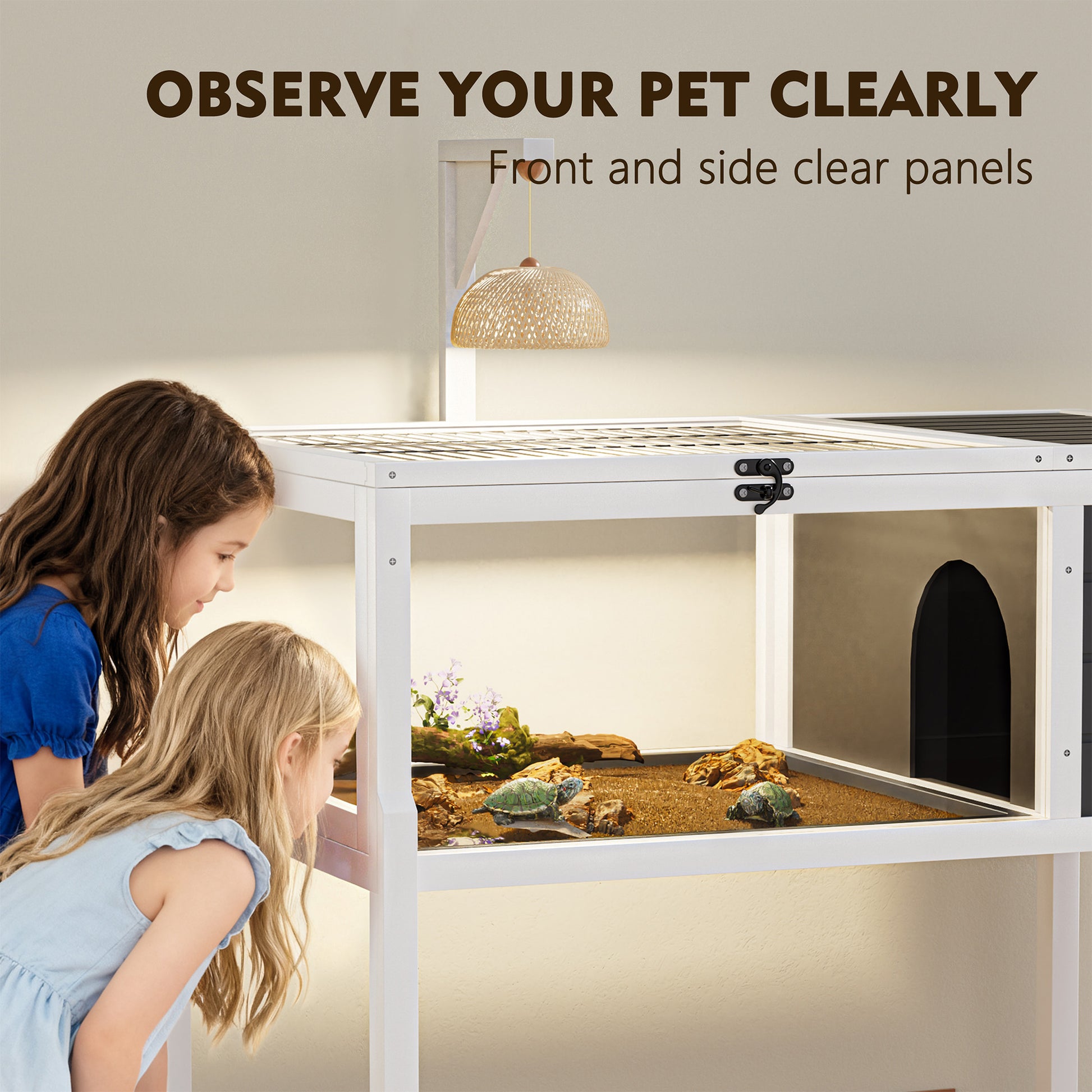 Reptile Habitat Tortoise House with Lamp Holder, Large Observation Window, Waterproof Tray, Detachable Legs, Easy to Clean Wooden Enclosure for Turtles, Lizards, Geckos, and Small Pets Indoor Outdoor image 7