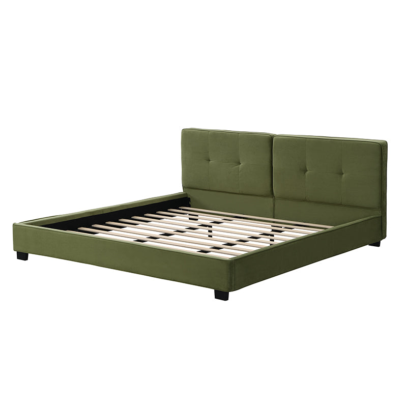 King Size Velvet Bed Frames, Upholstered Platform Bed with Curved Tufted Headboard, Soft Square Corners, Olive Green image 12
