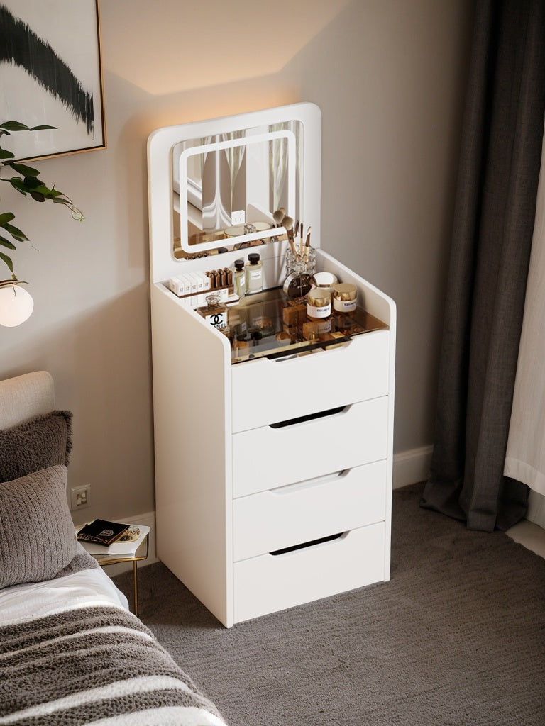(48CM) 3 in 1 Vanity Desk with Plip Top Mirror, Small Make Up Vanity Set with Visible Glass Desktop, Compact Makeup Vanity with 3 Drawers, Dressing Table for Bedroom (WHITE COLOR) image 2