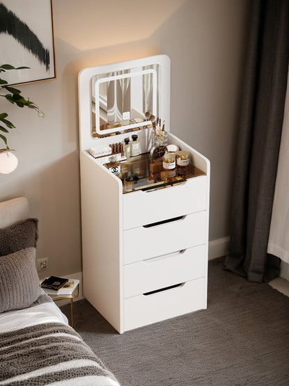 (48CM) 3 in 1 Vanity Desk with Plip Top Mirror, Small Make Up Vanity Set with Visible Glass Desktop, Compact Makeup Vanity with 3 Drawers, Dressing Table for Bedroom (WHITE COLOR) image 2