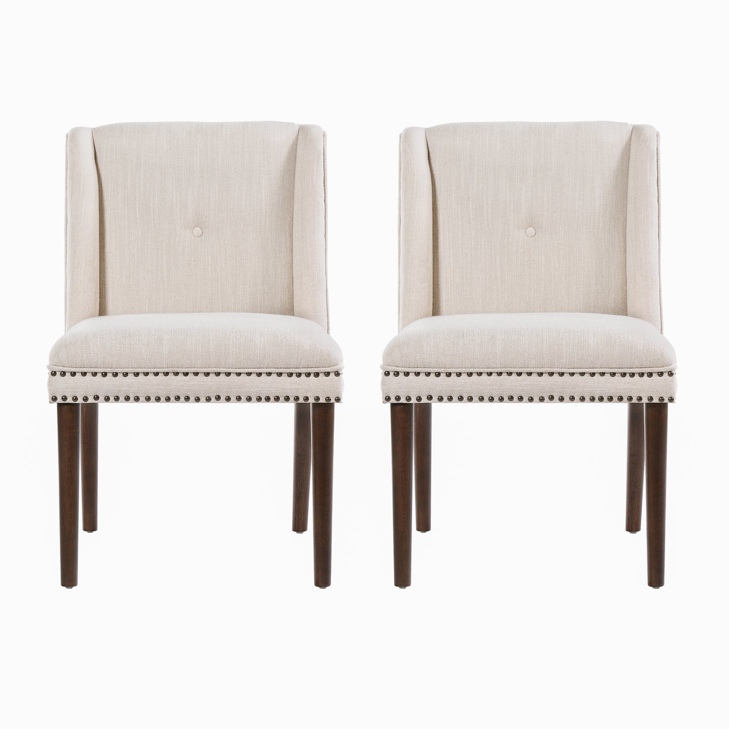 Light Luxury Rivet Upholstered Dining Chair,Rubber Wood leg, Fabric & Foam Padded Seat for Kitchen, Dining Room, Living Room(Set of 2),Walnut+ Beige image 1