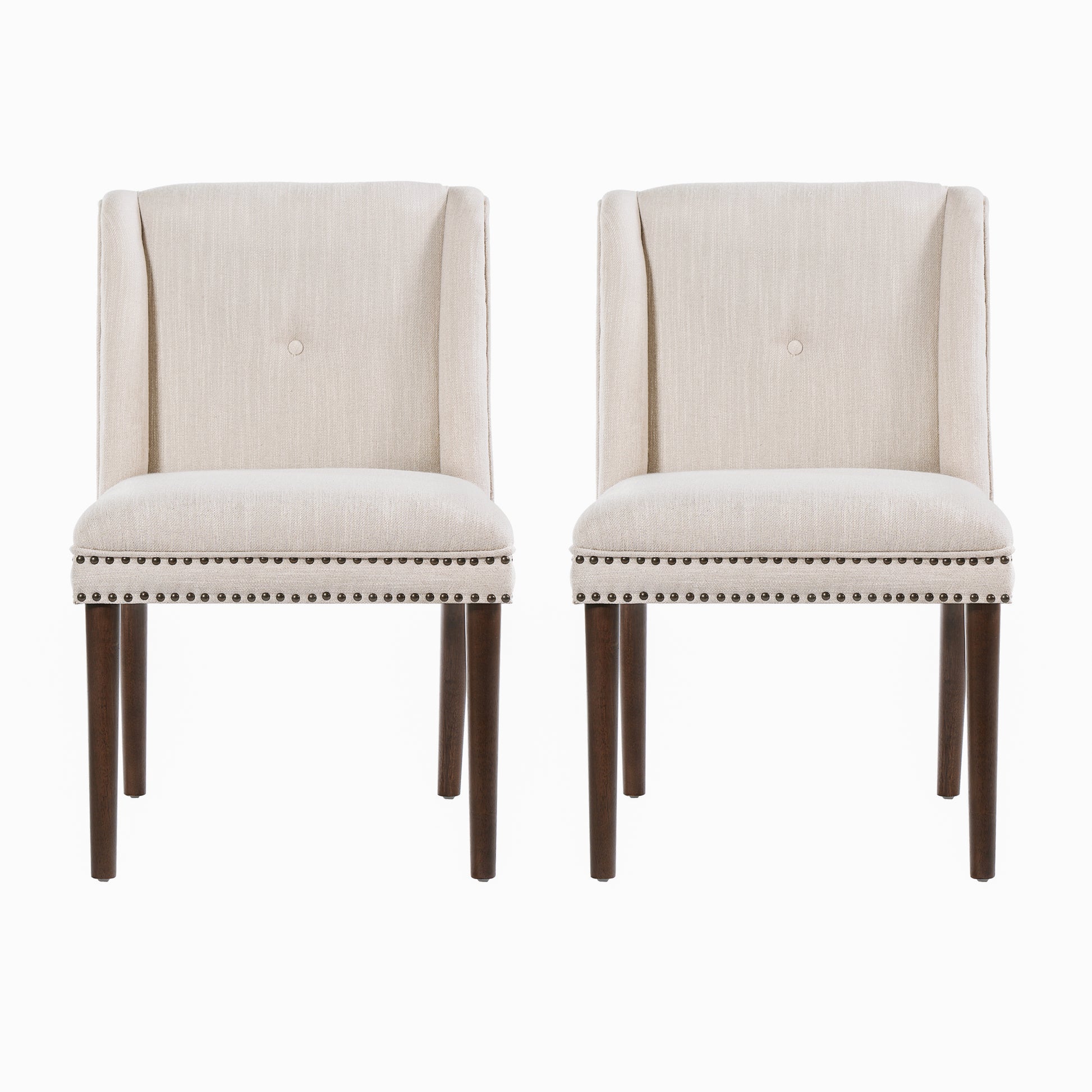 Light Luxury Rivet Upholstered Dining Chair,Rubber Wood leg, Fabric & Foam Padded Seat for Kitchen, Dining Room, Living Room(Set of 2),Walnut+ Beige image 1