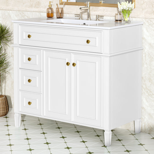36 Inch Bathroom Vanity with Sink, White Solid Wood Cabinet with Flip-Out Drawer, 3 Drawers and 2 Soft-Close Doors, Gold Handles & Modern Design, Two Packages(Old SKU:N725P366468K) image 1