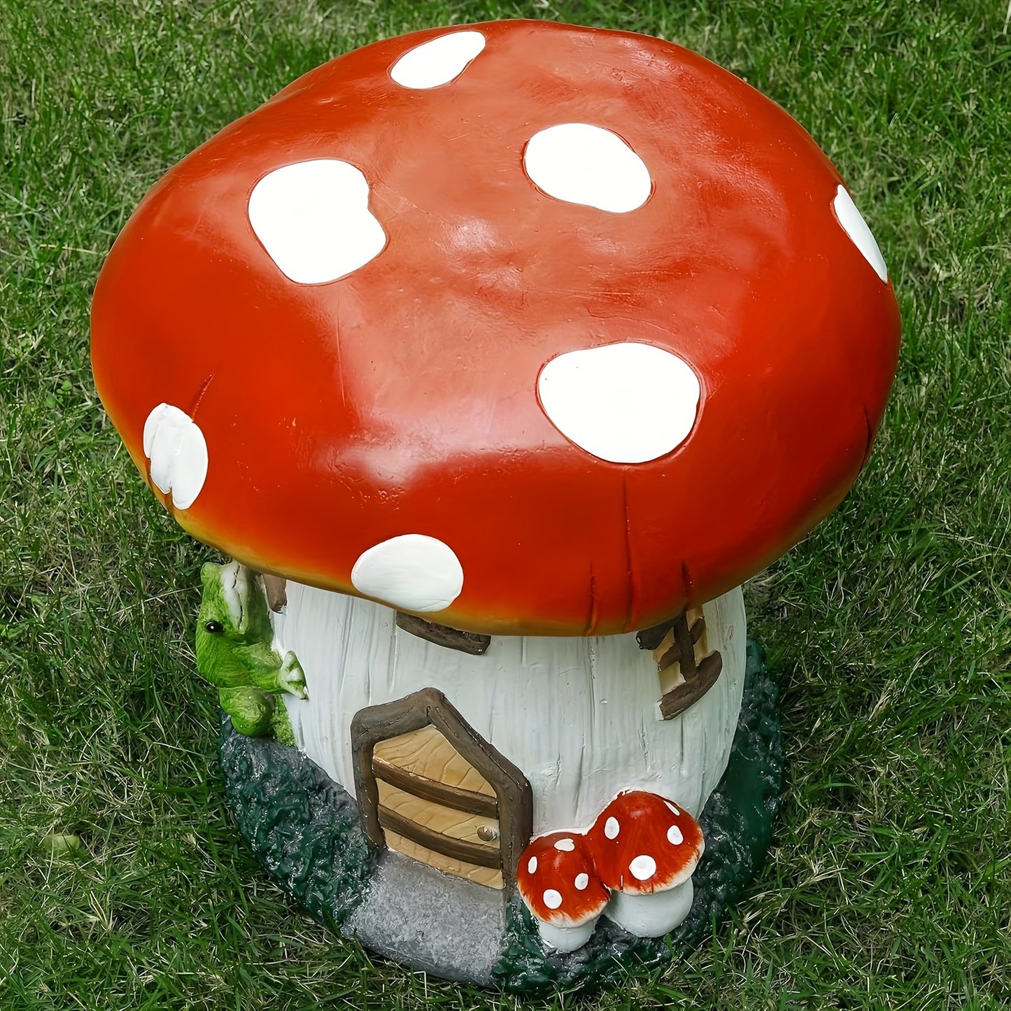 Mushroom house stool top view showing spotted cap