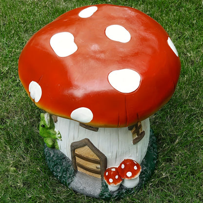 Mushroom house stool top view showing spotted cap