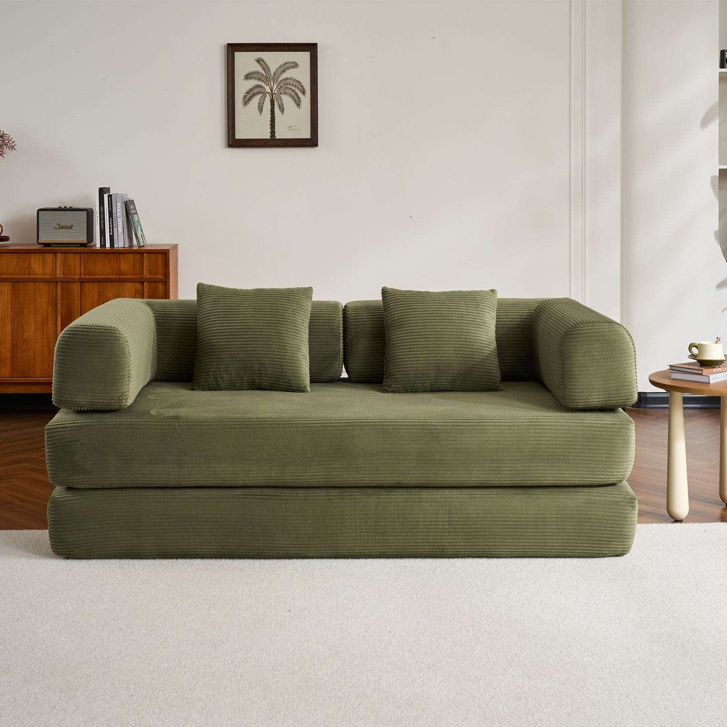 Convertible Sleeper Sofa Bed with Cylindrical Pillow, Corduroy Folding Mattress Couch with Fixed-Shape Frame, Floor Sofa Lounge Couch for Living Room Bedroom (Green) image 7