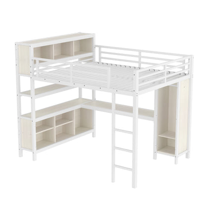 Metal Loft Bed with Wardrobe And L-shaped Desk, Queen Size Loft Bed with Storage Cubes and Shelves, Heavy Duty Loft Bed for Kids Teens Adults, White Wood-grain image 5