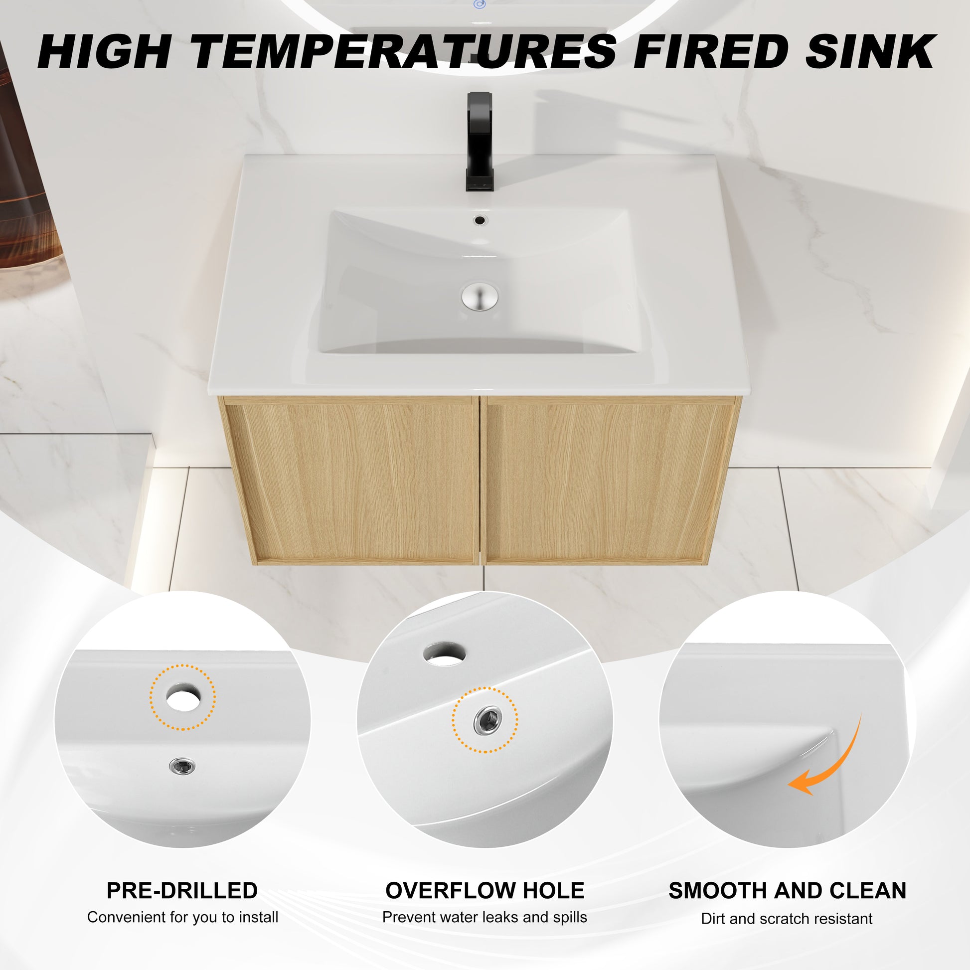30" Floating Bathroom Vanity with Sink, Wall-Mounted Modern Light Oak Cabinet, Thin Edge Ceramic Basin, Soft-Close Doors, Spacious Storage, Easy Installation image 7