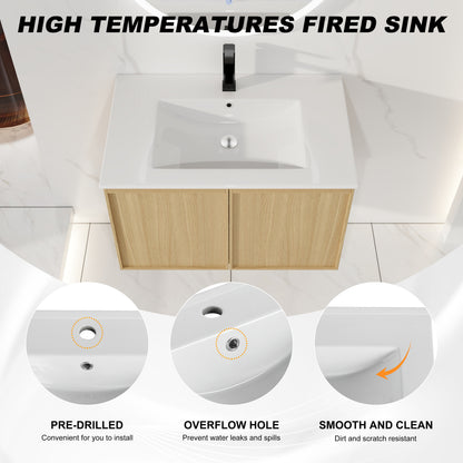 30" Floating Bathroom Vanity with Sink, Wall-Mounted Modern Light Oak Cabinet, Thin Edge Ceramic Basin, Soft-Close Doors, Spacious Storage, Easy Installation image 7
