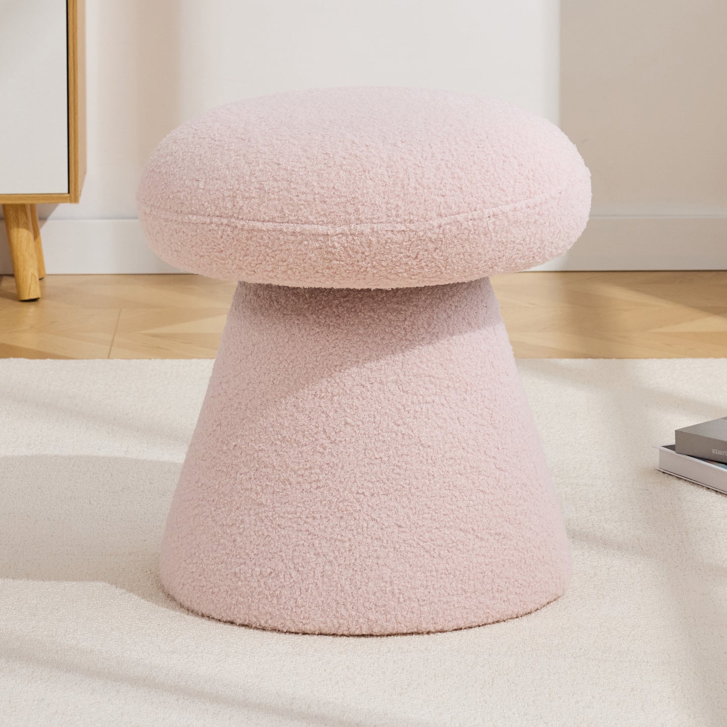 066-Teddy Fabric Soft-padded Footstool, Mushroom shaped Ottoman, Shoe-changing Stool, Makeup Stool,No Installation Required, Suitable For Bedrooms, Living Rooms, Powder Rooms Or Entrances, Pink image 1