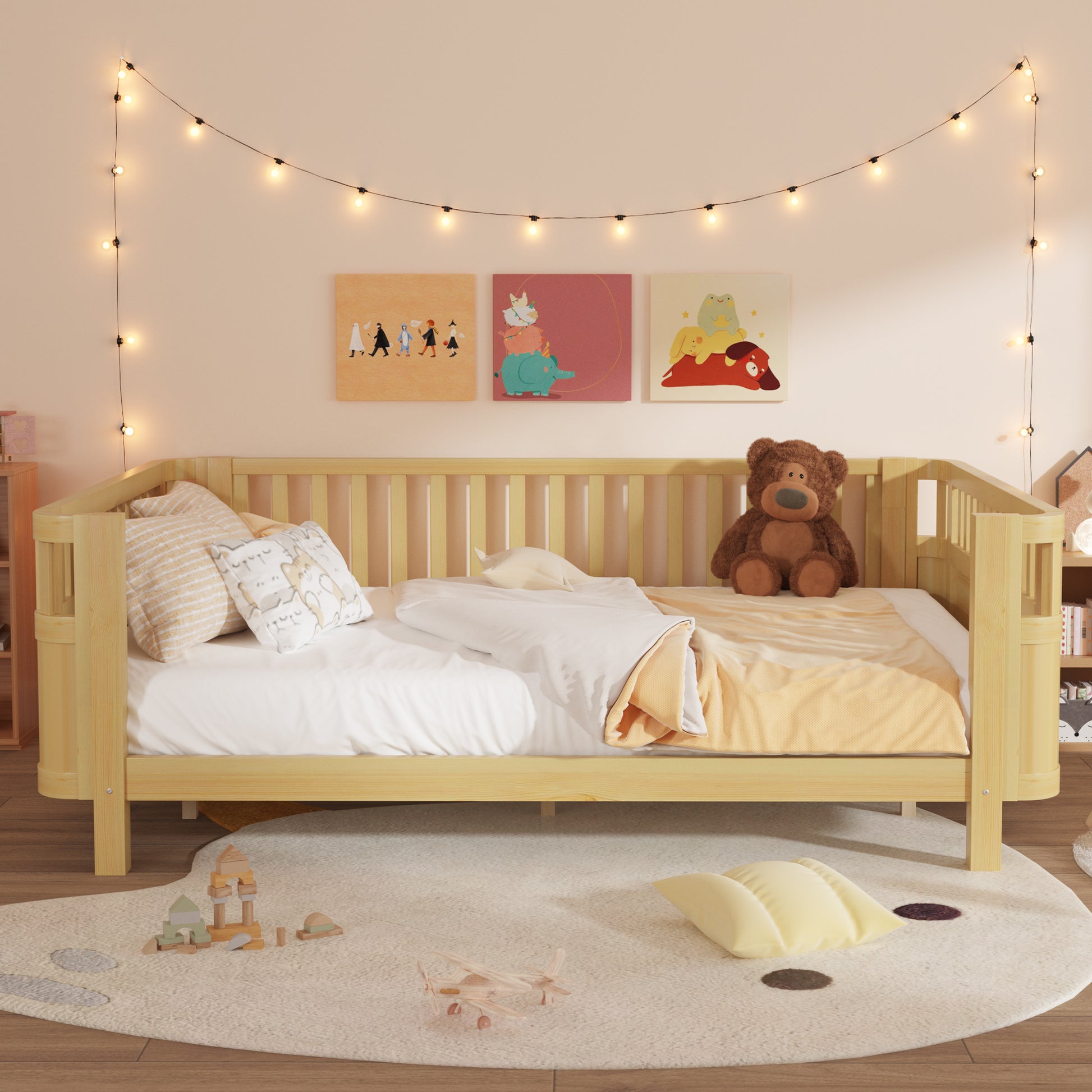 Queen Size Wood Platform Bed, Wood Low Profile Queen Bed with Rails for Girls and Boys,Natural(Expect Arrival Date 2026/3/30) image 2