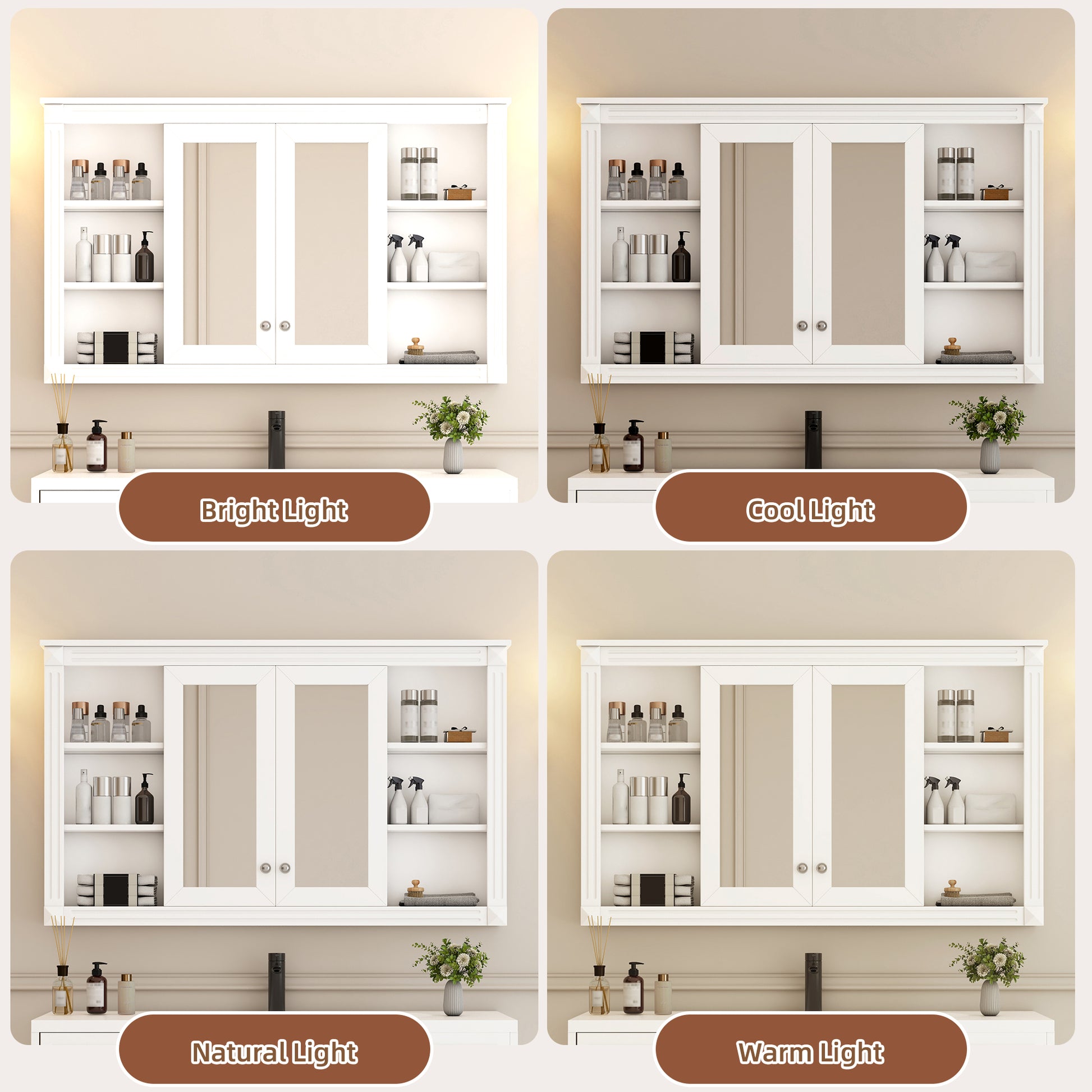 47 Inch Bathroom Mirror Cabinet with Storage, Adjustable Shelf and Open Shelves, Wall Mounted Medicine Cabinet for Bathroom, Bedroom, Vanity image 8