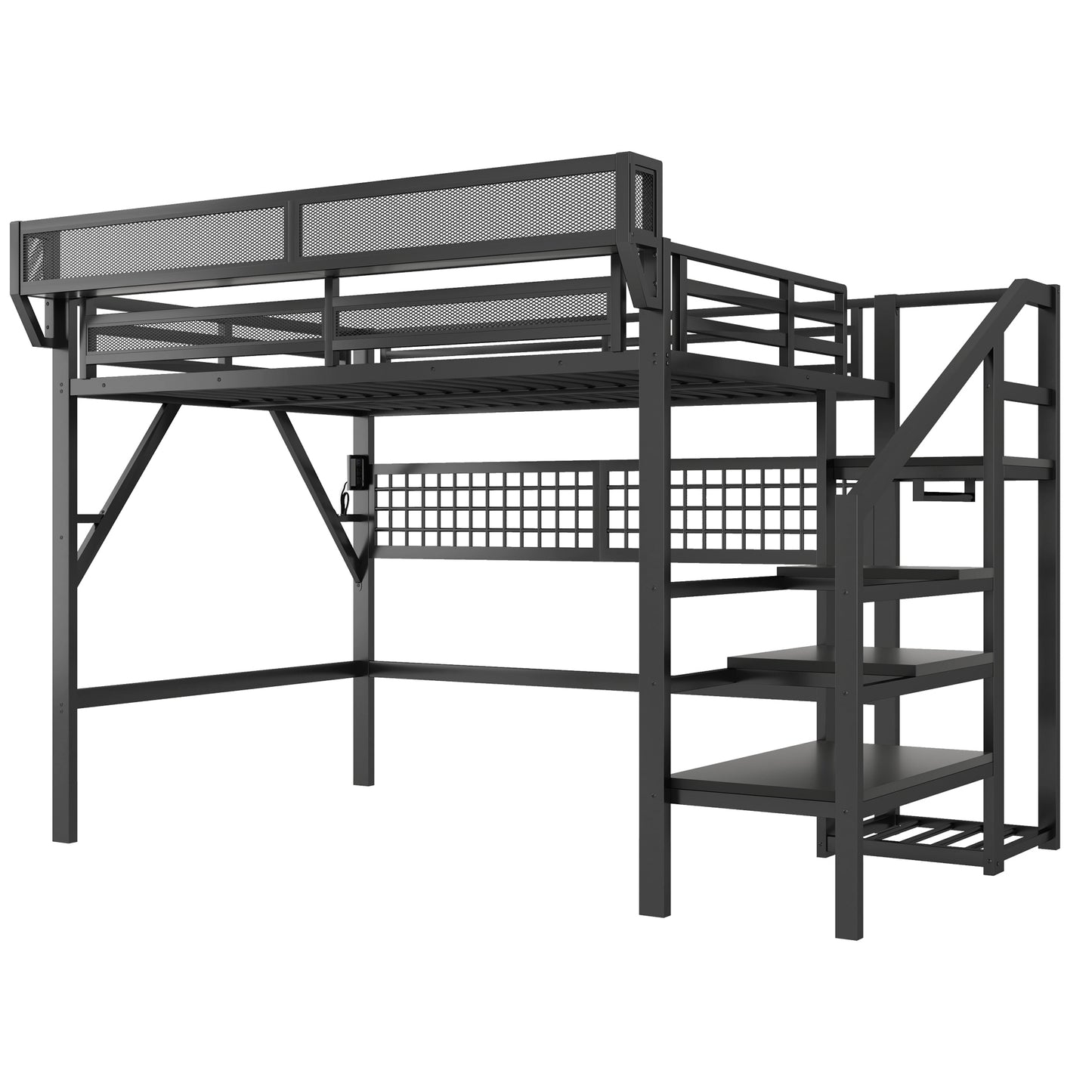 Full Size Loft Bed with Charging Station, Metal Full Loft Bed with Light and Storage, High Loft Bed with Wardrobe and Storage for Kids Teens Adults, Black(Old SKU W2580S00051) image 11