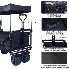 Collapsible Wagon 140L Wagons Carts Foldable with Removable Canopy, Folding Wagon Cart with Wheels for All-Terrain with Brake, Foldable Wagon with Cooler Bag, for Camping Beach Shopping