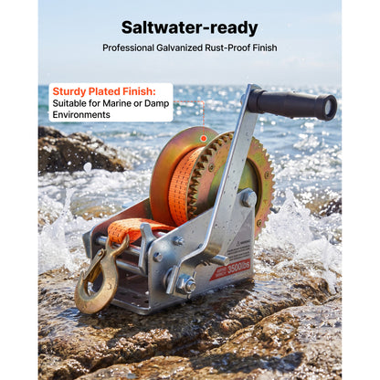 Boat Winch, 3500 lbs Hand Winch, Heavy Duty Manual Rope Crank with 20ft Orange Polyester Strap, Portable Two-Way Ratchet, 2 Speed Switchable, Anti-Slip Handle Gear for Boat Trailer ATV Towing image 5