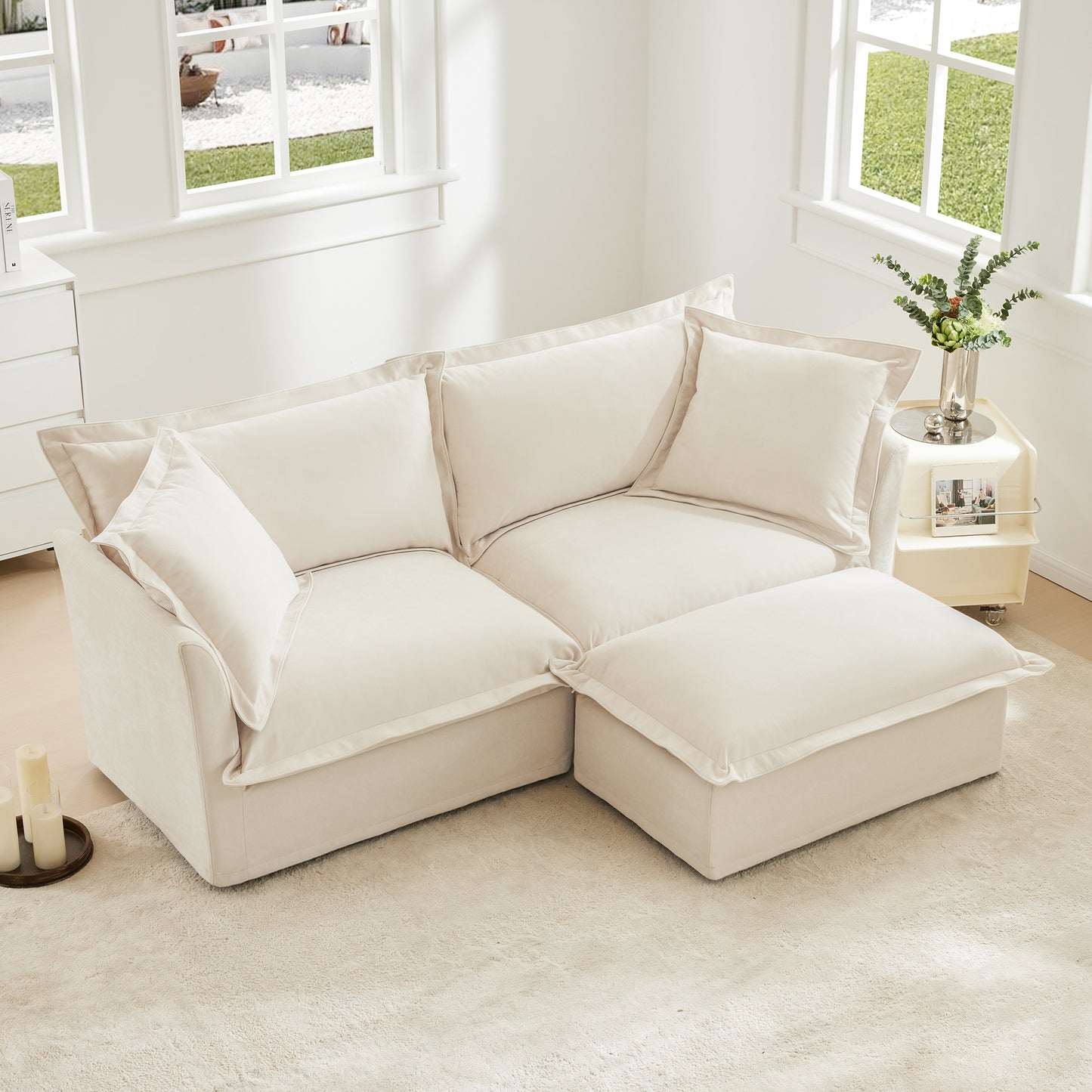 Slipcovered Sectional 2 Seater Sofa Couch with Convertible Ottoman, Wide and Deep Seat L Shaped Sofa with Detachable Cover and Soft Multiple Big Pillows, Chenille Fabric, Cream image 2