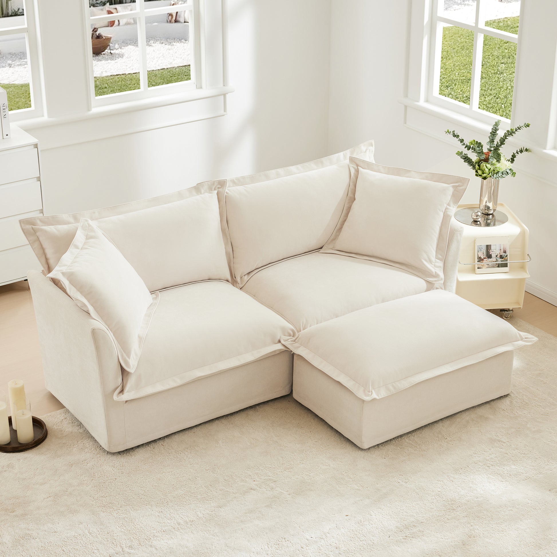 Slipcovered Sectional 2 Seater Sofa Couch with Convertible Ottoman, Wide and Deep Seat L Shaped Sofa with Detachable Cover and Soft Multiple Big Pillows, Chenille Fabric, Cream image 2