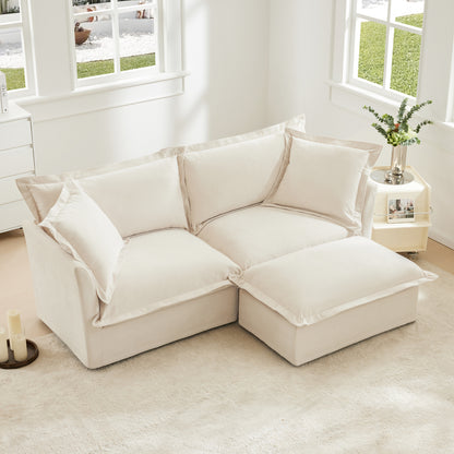 Slipcovered Sectional 2 Seater Sofa Couch with Convertible Ottoman, Wide and Deep Seat L Shaped Sofa with Detachable Cover and Soft Multiple Big Pillows, Chenille Fabric, Cream image 2