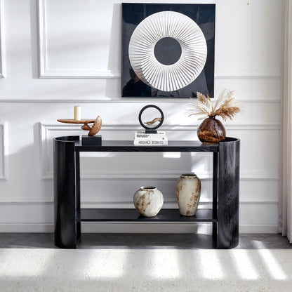 Double-layer Black curved foyer table - Black wood grain minimalist entrance small space living room sofa side table image 4