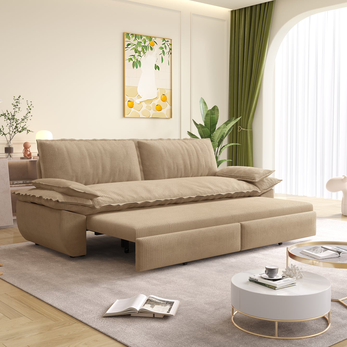 73.2" Queen Pull Out Sofa Bed,3-in-1 Convertible Sleeper Sofa,Multi-Functional Corduroy Loveseat Bed,Camel(Old sku:W1885S00234) image 2