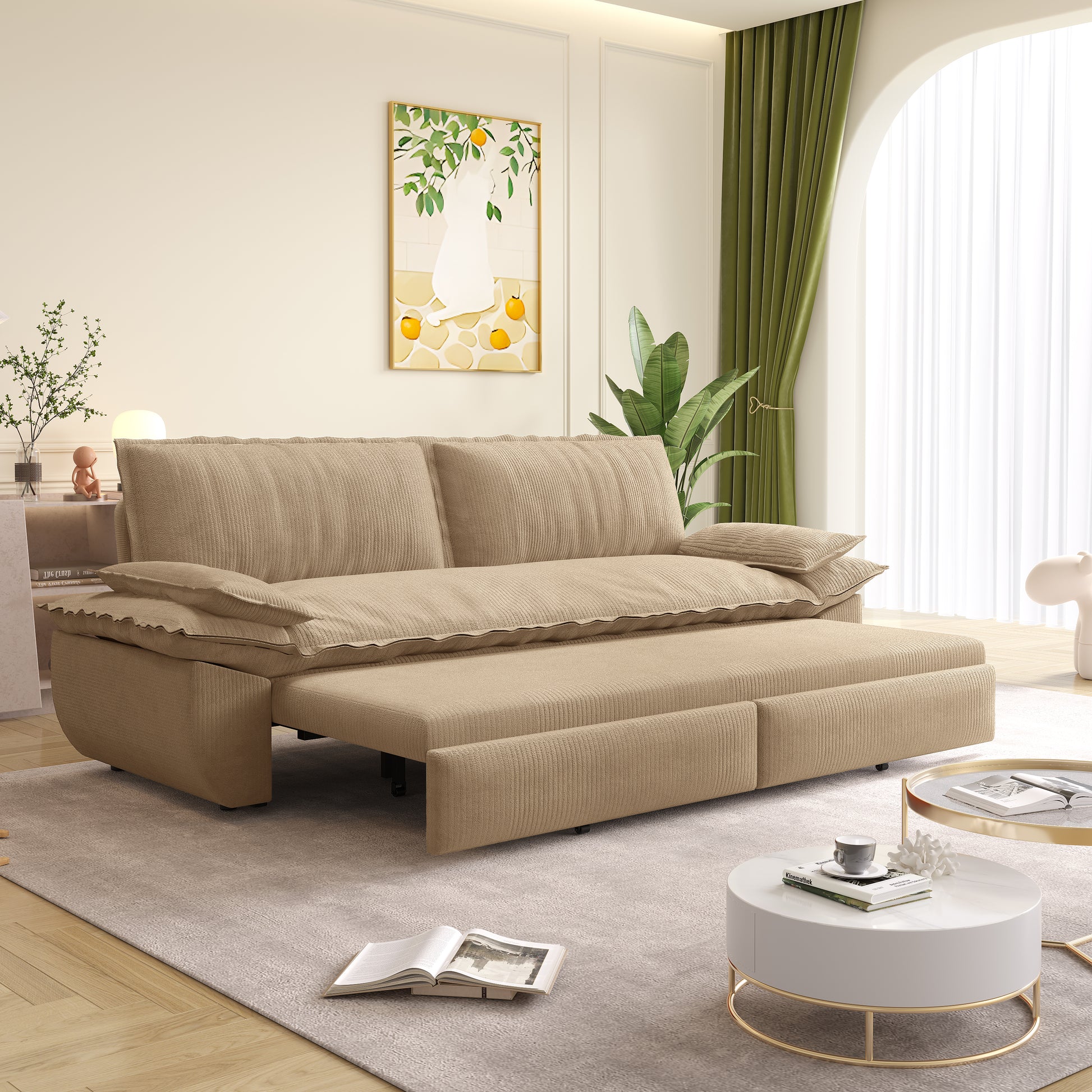 73.2" Queen Pull Out Sofa Bed,3-in-1 Convertible Sleeper Sofa,Multi-Functional Corduroy Loveseat Bed,Camel(Old sku:W1885S00234) image 2