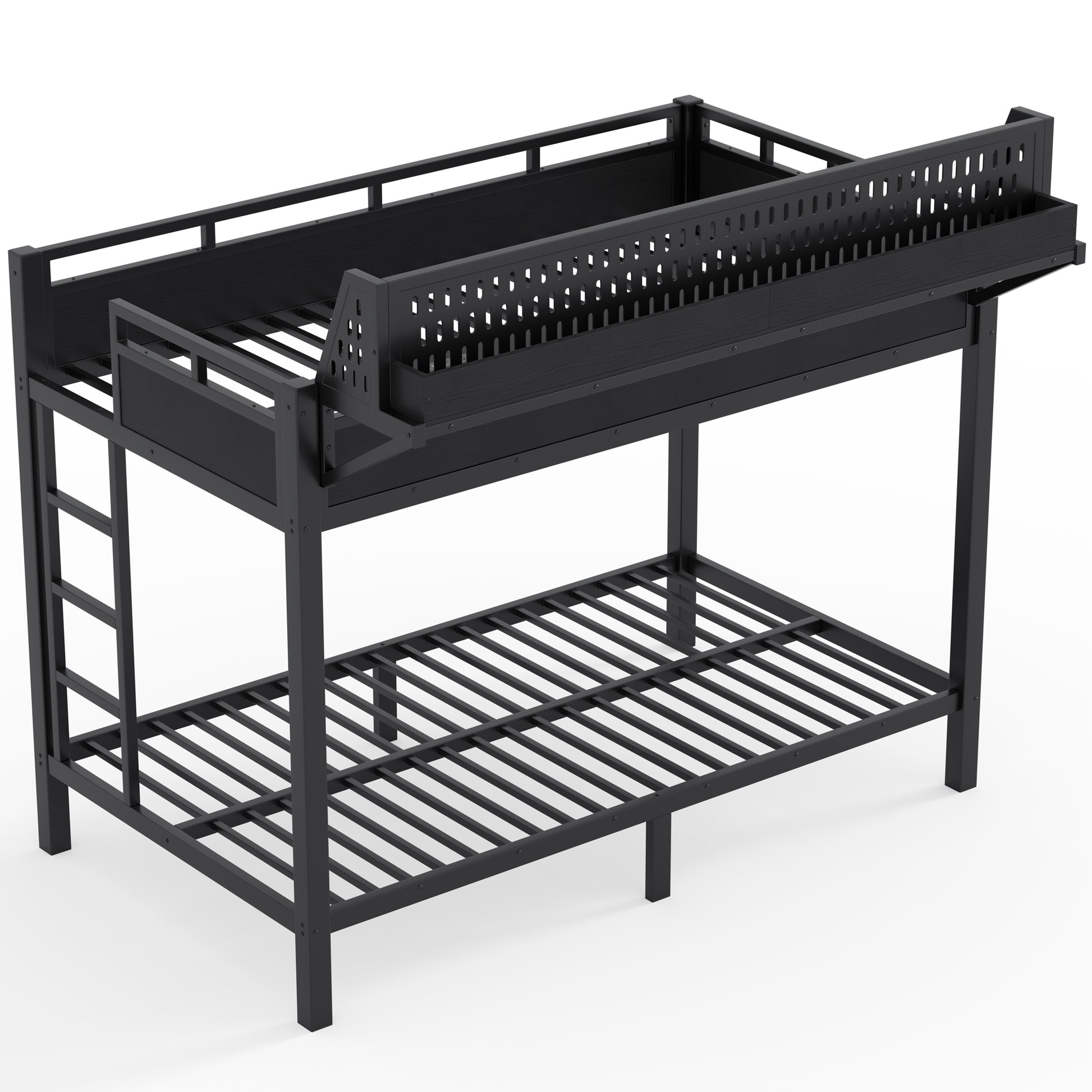 Twin XL over Twin XL Size Metal Bunk Bed with Storage Shelves and Pegboard, Bunk Bed Frame with USB Ports and LED Lights, Space-Saving, for Teens and Adults, Black image 10