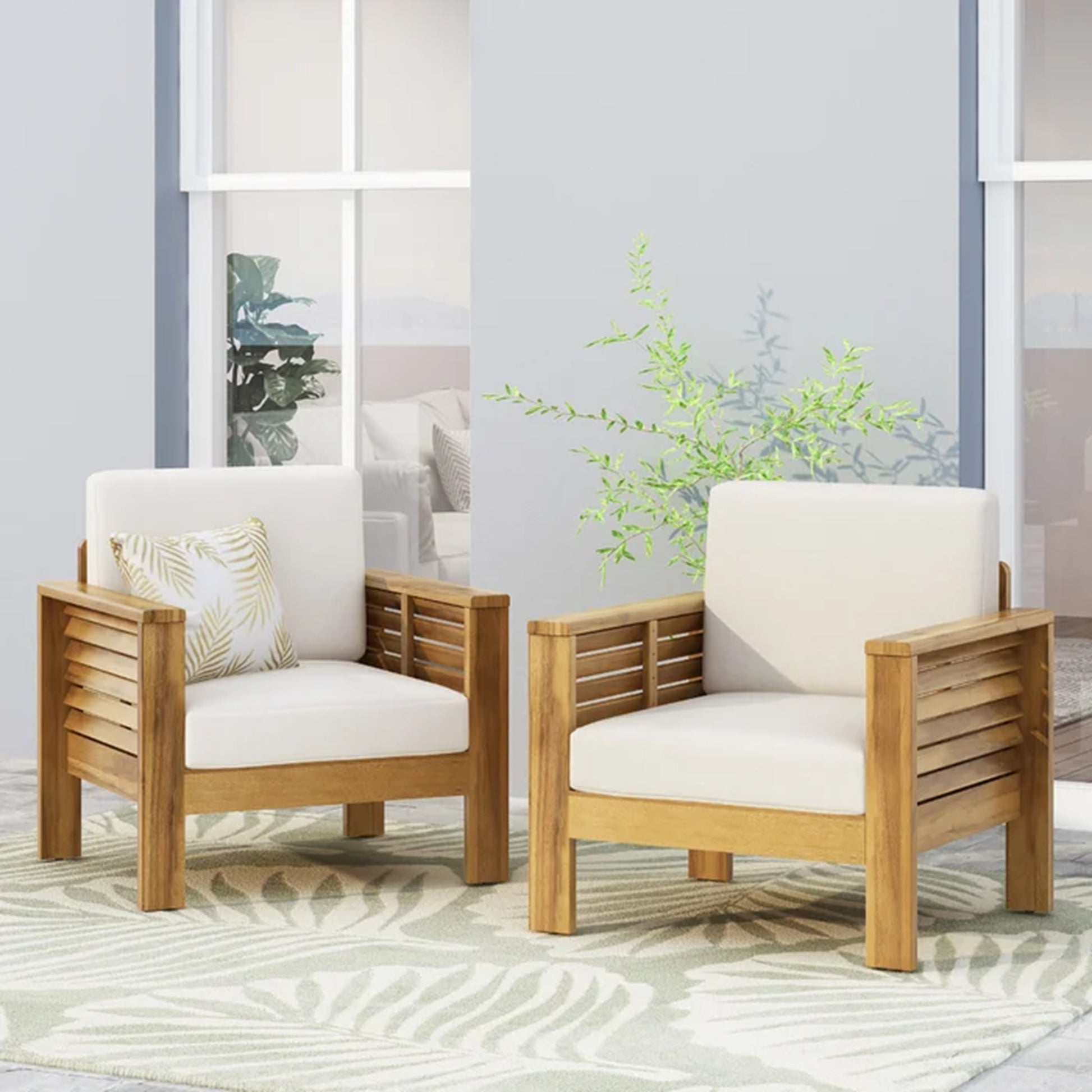 (Set of 2) Outdoor Acacia Wood Club Chairs with Cushions, Teak+Beige, 27.75"D x 32"W x 27.75"H image 3
