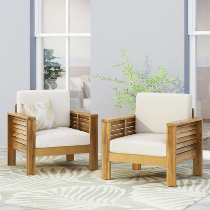 (Set of 2) Outdoor Acacia Wood Club Chairs with Cushions, Teak+Beige, 27.75"D x 32"W x 27.75"H image 3