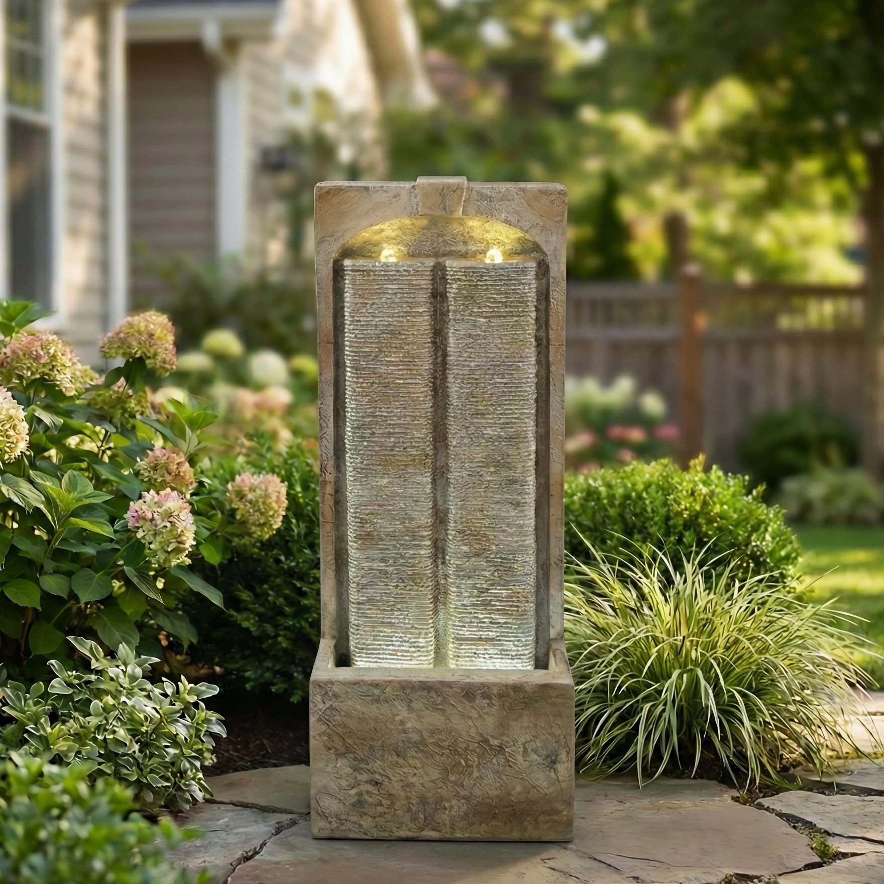 39 Inch Outdoor Water Fountain with Pump, Modern Cascading Freestanding Wall Fountain, Weather-Resistant Garden Water Feature with Warm White LED Lights, Outdoor Waterfall Fountain for Patio Porch Law image 1