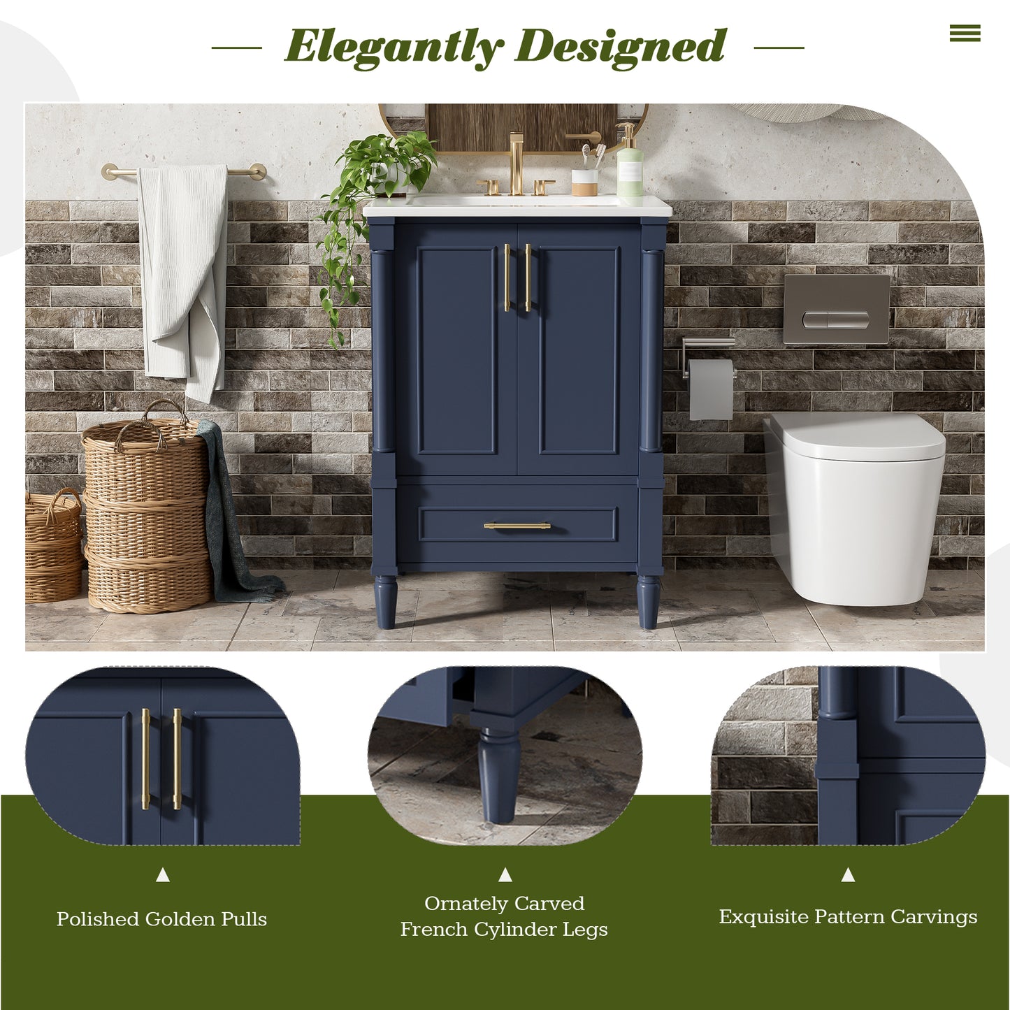 24" Modern Bathroom Vanity with Ornate Motif Design & Soft-Close Hinges, Bathroom Cabinet with Drawer and Back Open Structure, Ornately Carved French Cylinder Legs image 5