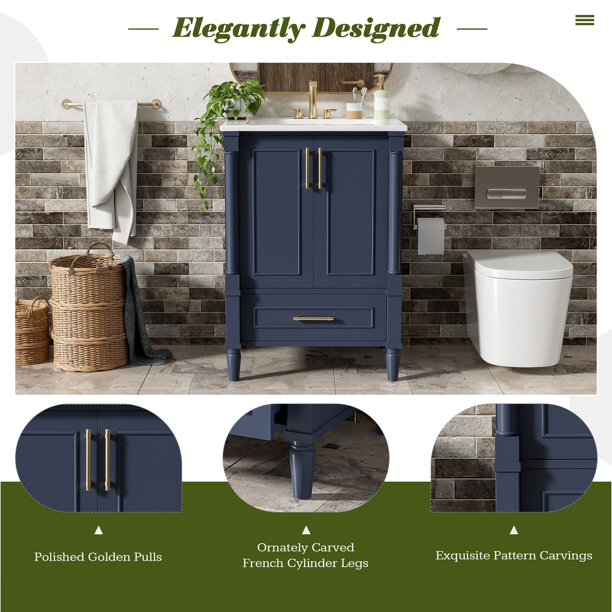 24" Modern Bathroom Vanity with Ornate Motif Design & Soft-Close Hinges, Bathroom Cabinet with Drawer and Back Open Structure, Ornately Carved French Cylinder Legs image 5