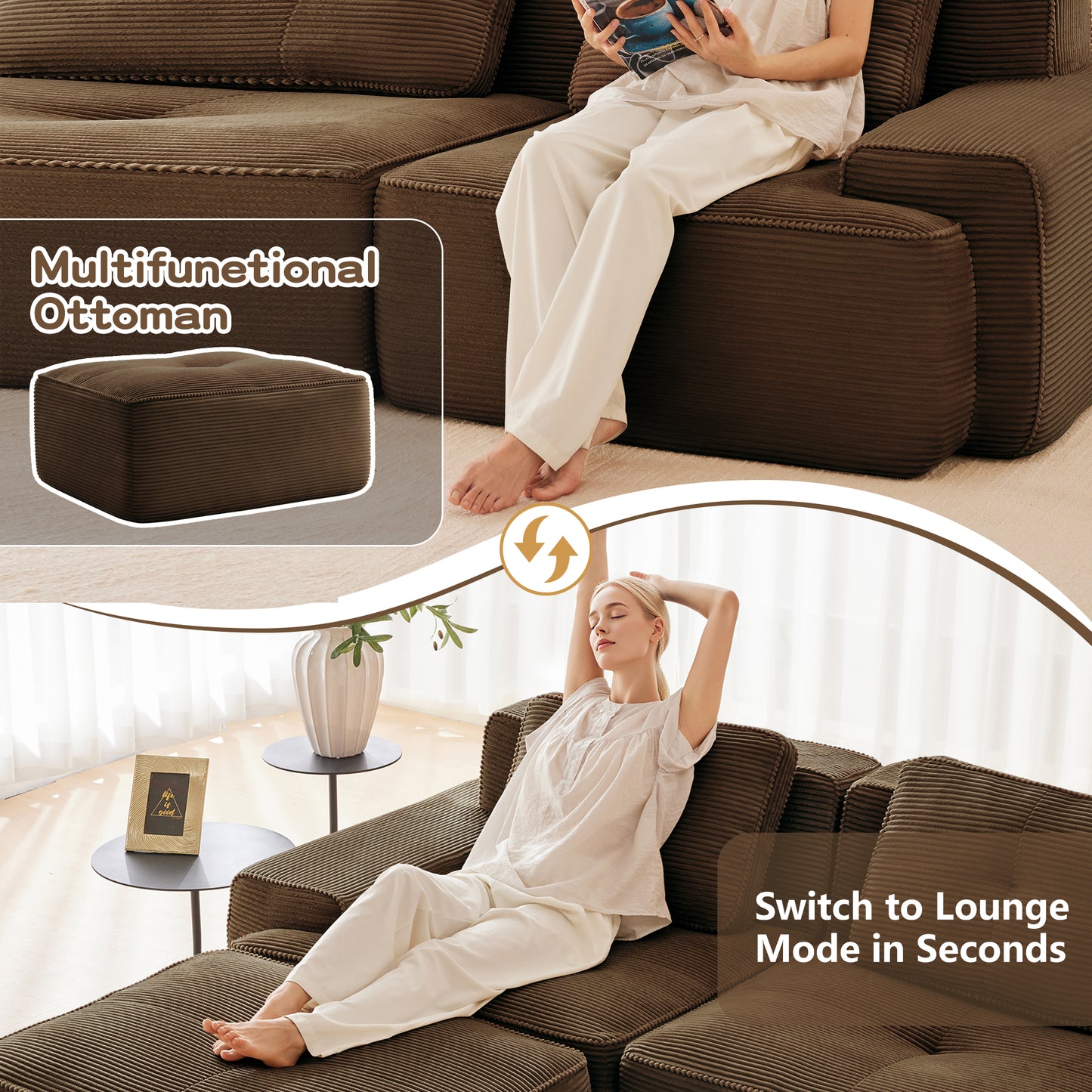82" Modern L-Shaped Modular Sectional Sofa for Living Room, Corduroy Fabric, 2-Seater Couch with Deep Seat, Pearl-like piping, Tufted Design, No Assembly, Anti-slip Design​, Brown image 11