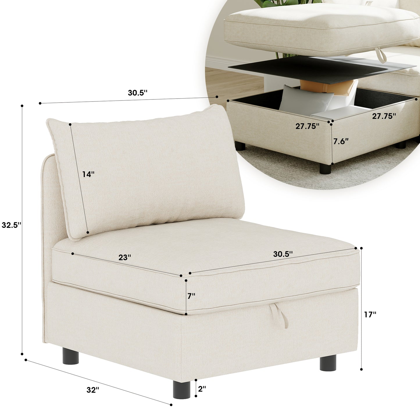 Armless Seat for Modular Sectional Sofa, Convertible Sofa Seat With Storage, Sleeper Sectional Sofa Set, Fabric Flexible Modular Combinations for Living Room(2PCS) image 10
