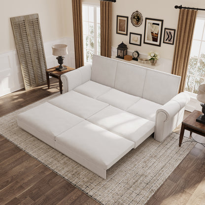 Chesterfield Sofa,93.7" King Pull Out Sofa Bed,3-in-1 Velvet Convertible Sleeper Sofa with Nailhead Trim & Rolled Arm,Multi-Functional Sofa Bed for Living Room,Bedroom,Beige/White(old sku:W1885S00036) image 2