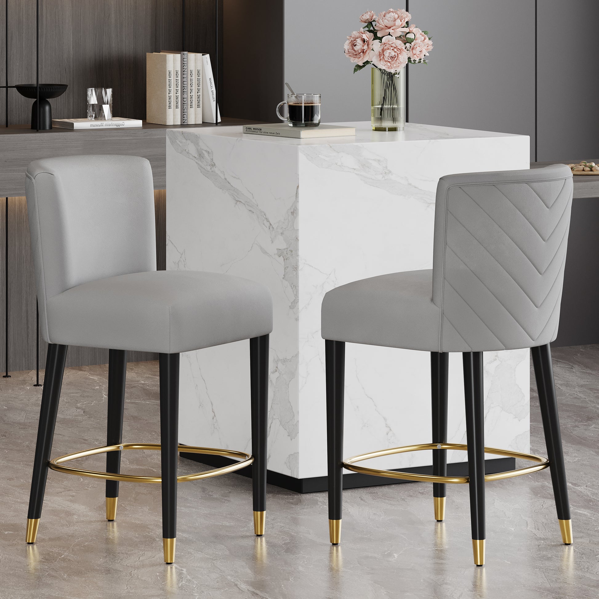 27inch-counterstool, modern design with a smooth, light - colored fabric and circular footrest with a gold - colored finish,creates a sophisticated and luxurious look--Grey image 1